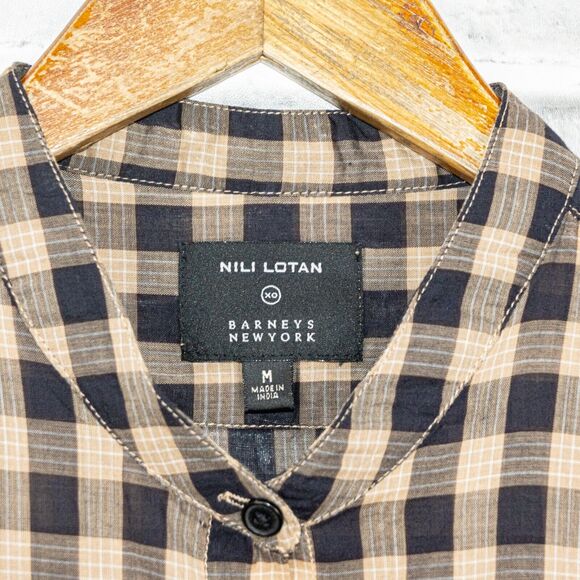 NILI LOTAN Women's Button front Shirt Beige Black Check Medium - Picture 2 of 8